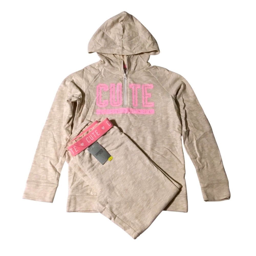 Danskin Now Girls Oatmeal Heather Pink Glitter CUTE Hoodie Pants Set L 10-12 NWT